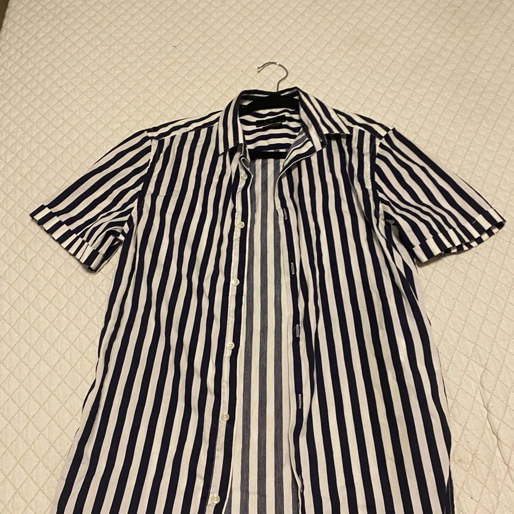 Zara Dark Blue and White Striped Button Down Shirt